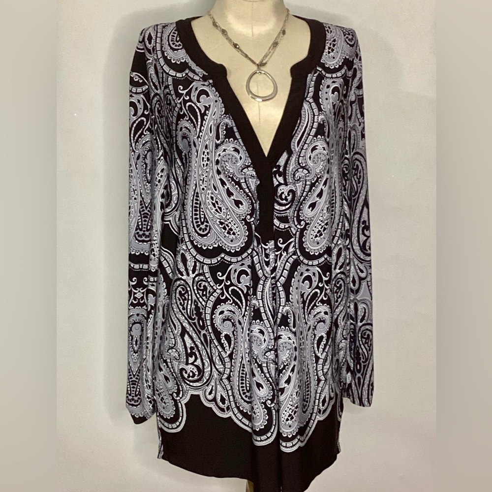 Cb Established 1952 Paisley V-Neck Black White Tunic Blouse XL